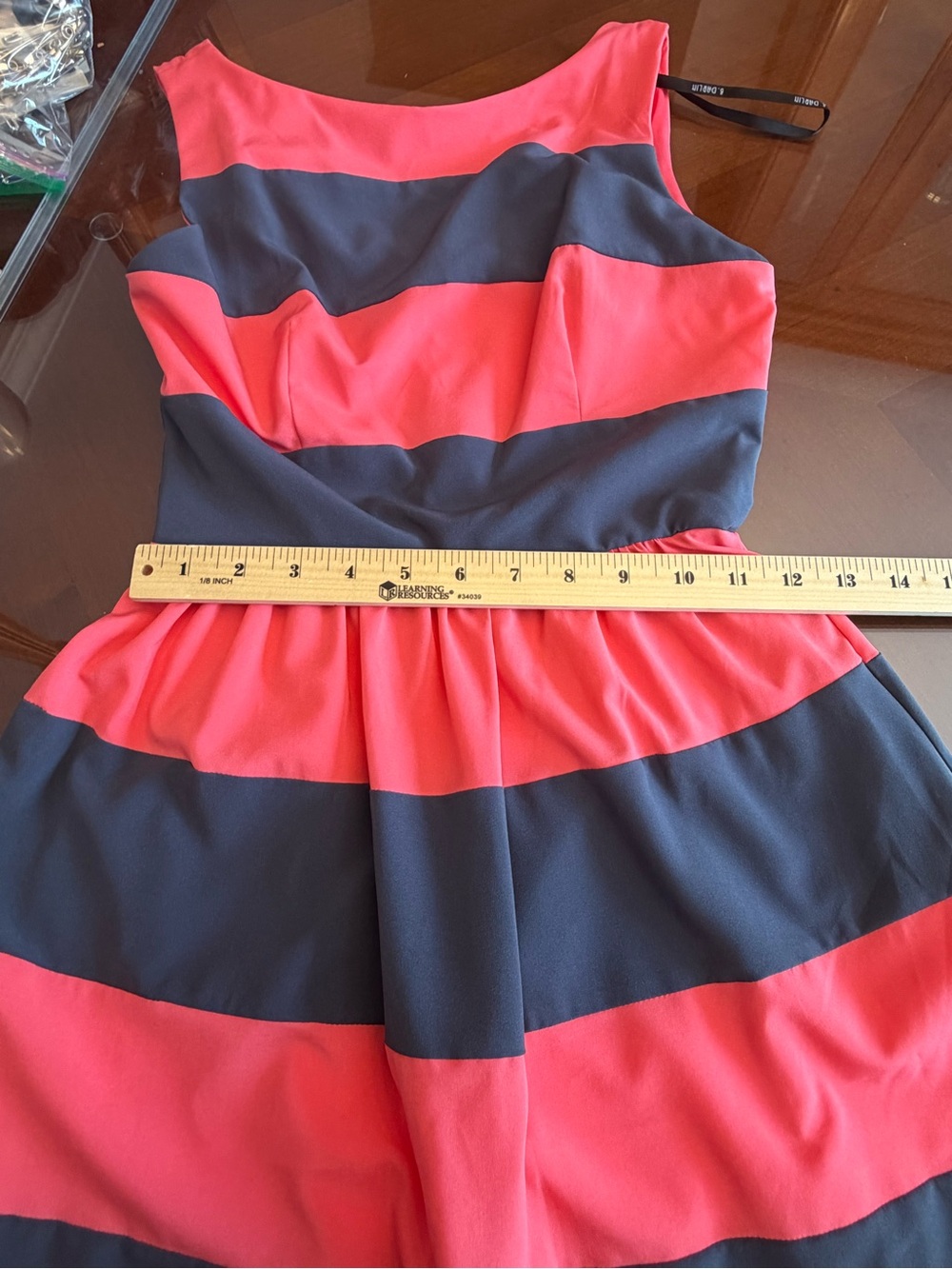 B Darlin Coral and Charcoal Striped Fit & Flare Dress - Picture 4 of 6